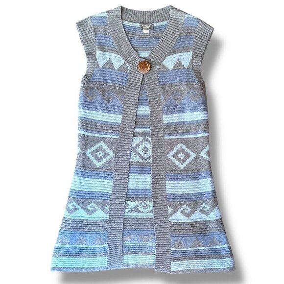 Twist Womens Sweater Vest Sz Medium Blue Gray Boho Longline Wool Southwestern - Picture 1 of 6